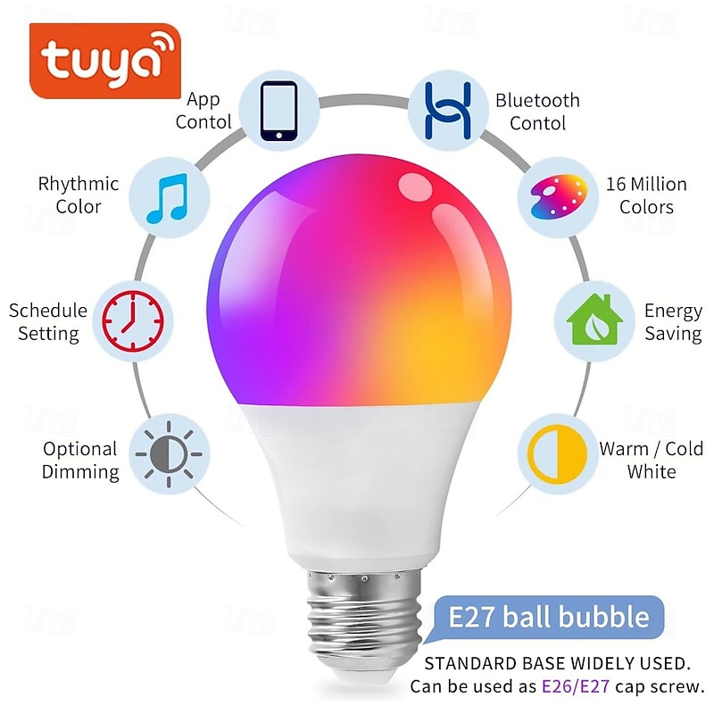 A19 E27 RGB Smart Light Bulb – Bluetooth & WiFi Color Changing, Dimmable 10W LED Bulb with Music Sync, Works with Tuya APP2
