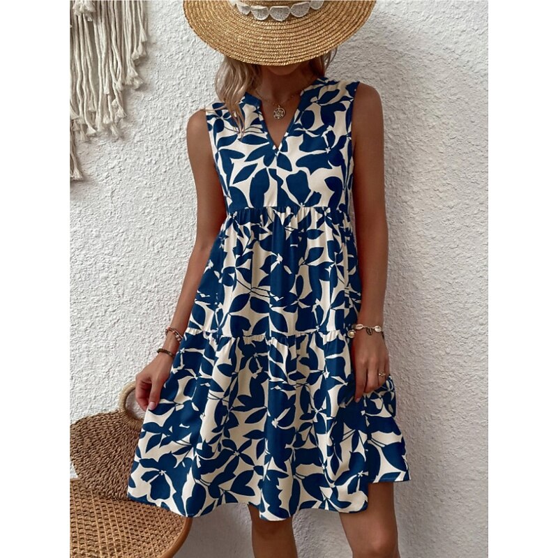 Women's Mini Dress Casual Dress Tank Dress Stylish Casual Vacation Daily Regular Fit Leaf Sleeveless Notched Neck Black Navy Blue Orange Green Summer2