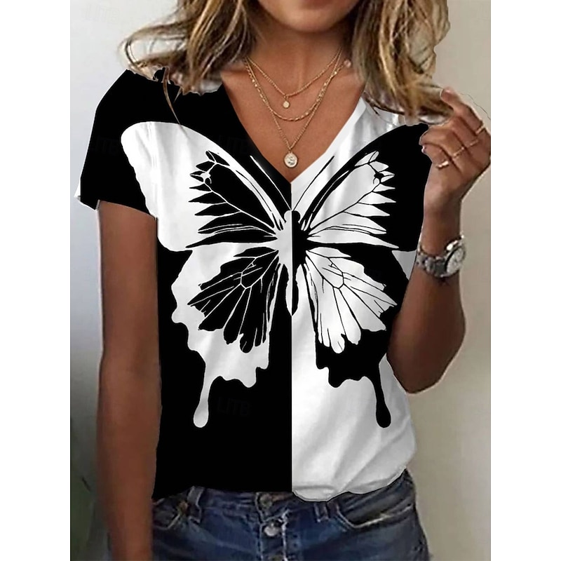 Women's T Shirt Butterfly Stylish Casual Short Sleeve V Neck Regular Tops Daily Print Black Summer - Main Image