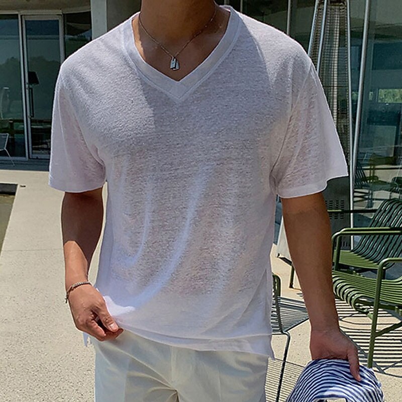 Men's T Shirt Tee Short Sleeve Shirt Tee Top Short Sleeve V Neck Summer Spring Plain Fashion Designer Basic Classic Vacation Street Going out White Top Tee for Men2