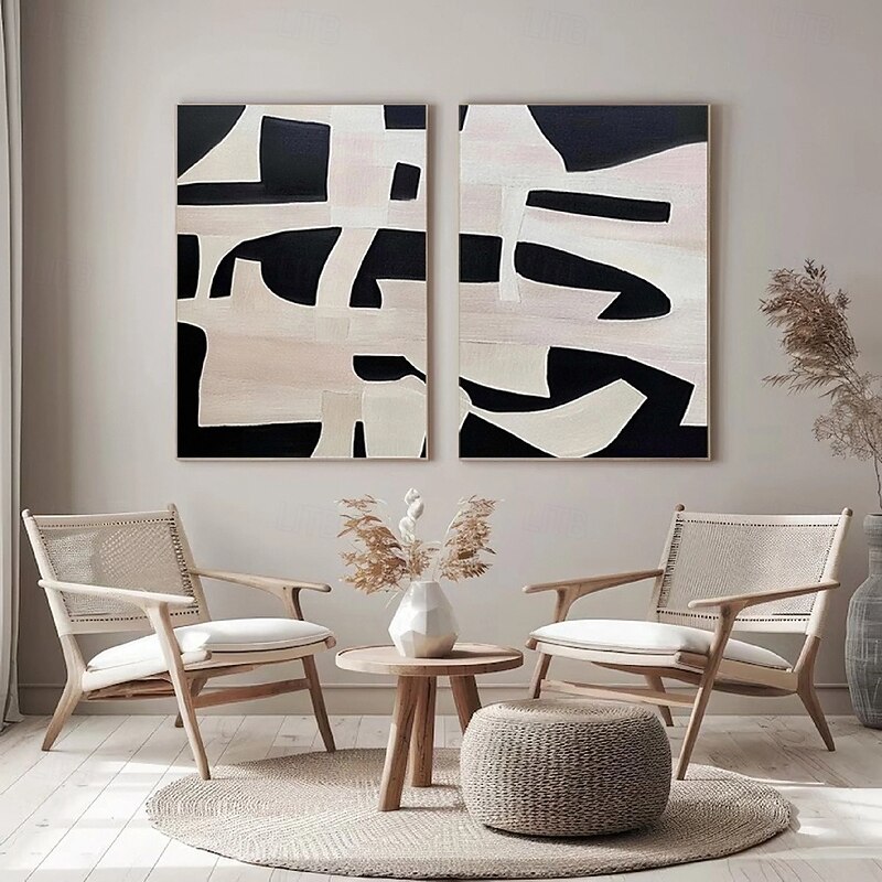 Black and White oil painting handmade Wall Art Set of 2 Beige Abstract Painting on Canvas hand painted Beige Texture  mordern painting Wall Art Neutral Abstract painting Wall Art Boho Wal Decor