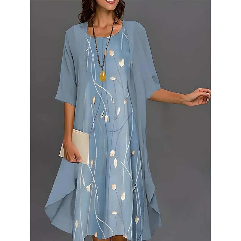 Women's Graduation Dress Midi Dress Chiffon Dress Shift Dress Elegant Vacation Party Wedding Wedding Guest Daily Loose Fit Floral Half Sleeve Crew Neck Pink Blue Green Gray Summer Spring