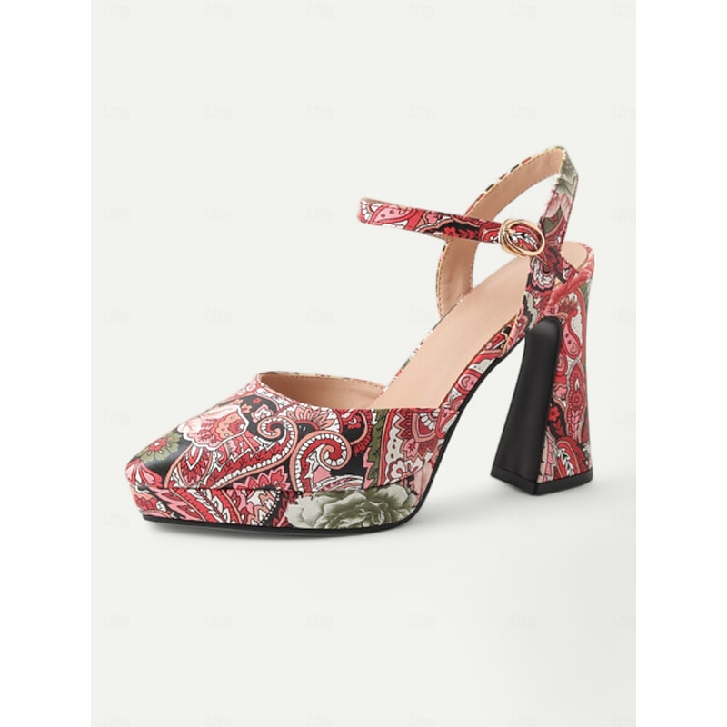 Red Paisley Patterned High Heel Sandals for Women – Vintage Chic Open Toe with Block Heels – Perfect for Parties and Special Occasions3