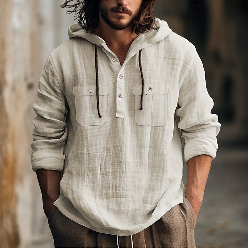 Men's Shirt Linen Shirt Summer Shirt Beach Shirt Hooded Shirt Plain Casual Daily Black White Blue Brown Long Sleeve Hooded Spring & Summer Clothing Apparel4