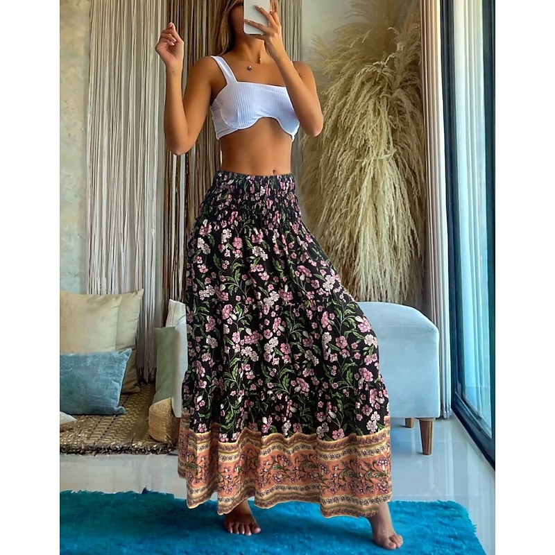 Women's Long Skirt Elegant Maxi High Waist Skirts Floral Geometric Ruched Print Flowy Inelastic Going out Casual Daily Black Red Blue Sky Blue Summer Polyester