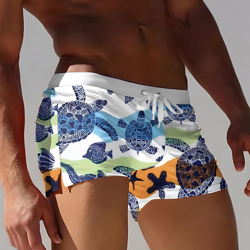 Men's Turtles Sea Creatures Swim Shorts Board Shorts Swimming Trunks Mid Waist 3D Print Hawaiian Surfing Holiday Beach Drawstring with Mesh lining Elastic Waist Designer Clothing Apparel3