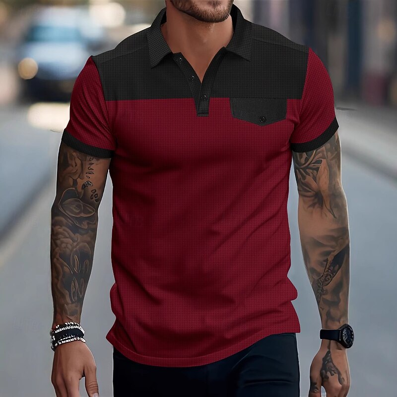 Men's Golf Shirt Waffle Knit Polo Shirt Business Casual Classic Short Sleeve Fashion Modern Color Block Buttons Pocket Summer Spring Regular Fit Burgundy Green Khaki Gray Golf Shirt4