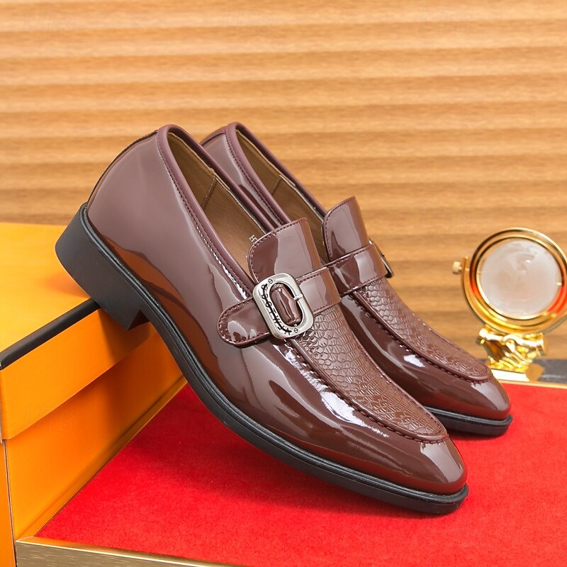 Men's Patent Leather Burgundy Loafers with Crocodile Texture and Buckle Detail – Elegant Slip-On Shoes for Formal Occasions and Business Wear3