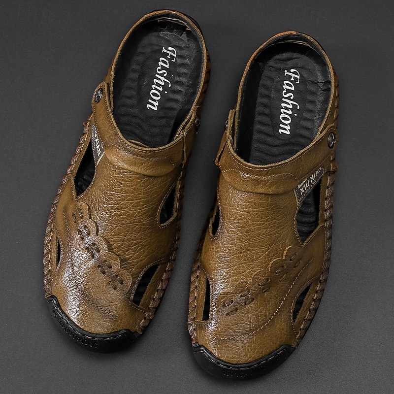 Men's Olive Green Leather Sandals with Adjustable Strap, Perforated Detailing, and Comfortable Sole – Perfect for Casual Wear, Outdoor Activities and Summer Adventures2