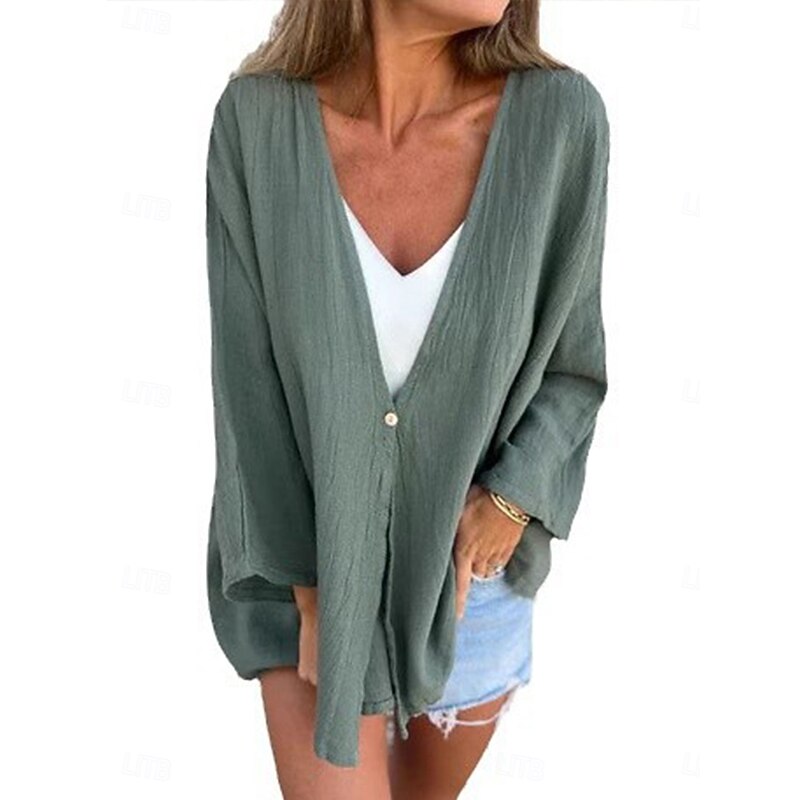 Women's Shirt Linen-Inspired Shirts Button Up Blouse Solid Color Stylish Casual Long Sleeve V Neck Regular Tops Daily Buttons Pocket Black Orange Green Beige Spring Fall