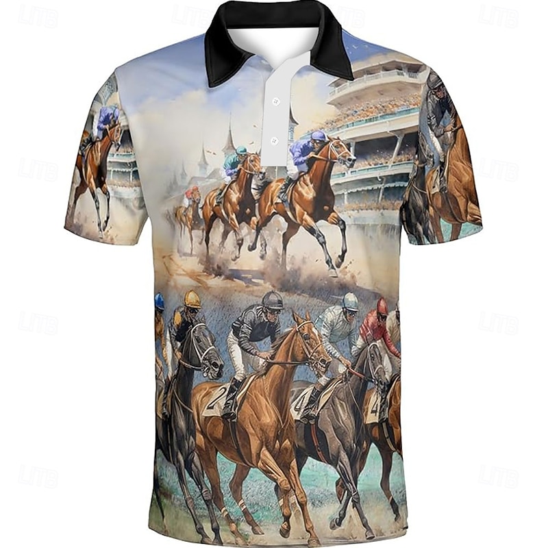 Kentucky Derby Men's Horse Racing Polo Short Sleeve Polo Shirts Collared Shirts Business Casual Outdoor Daily Wear Festival Outfit 3D Print Summer Spring Fall Black Blue2
