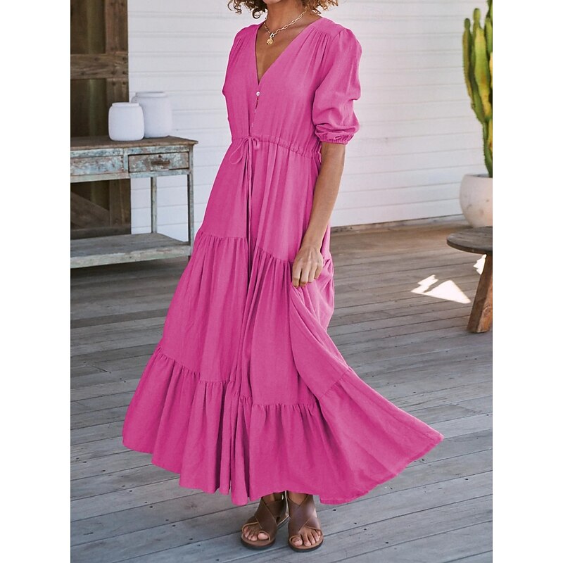 Women's Maxi Dress Casual Dress Swing Dress A Line Dress Casual Vacation Daily Regular Fit Plain Short Sleeve V Neck Black Navy Blue Fuchsia Green Summer