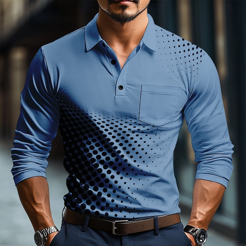 Men's Geometric Polo Long Sleeve Polo Shirts Collared Shirts Business Casual Business Athleisure Daily Wear Buttons 3D Print Spring Fall Winter White Blue Brown2