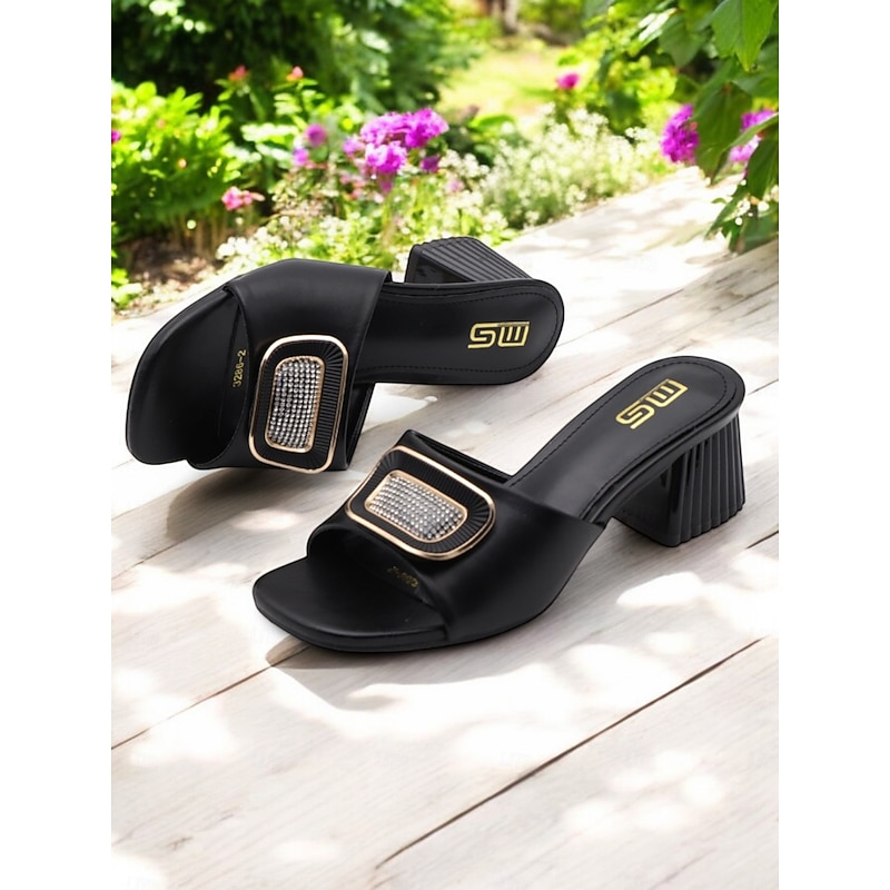 Women's Black Rhinestone Buckle Block Heel Mules – Open-Toe Slip-On Sandals for Elegant Summer & Evening Wear