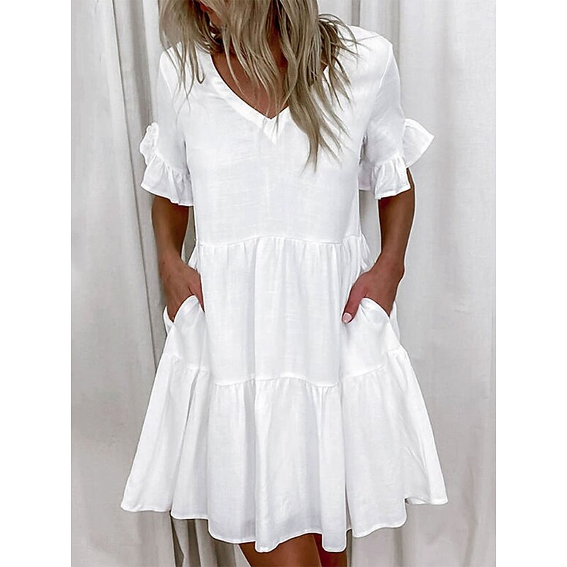 Women's Mini Dress White Dress Casual Dress Ruffle Dress Puff Sleeve Dress Basic Casual Vacation Daily Regular Fit Plain Sleeveless V Neck White Yellow Blue Summer