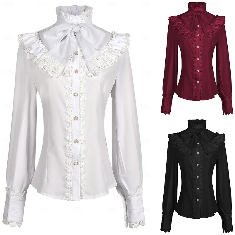 Retro Vintage Rococo Medieval Blouse / Shirt Vampire Princess Lace Bow Solid Color Fancy Dress Women's Pirate Royal Steampunk Masquerade Casual Daily Adults' Blouse