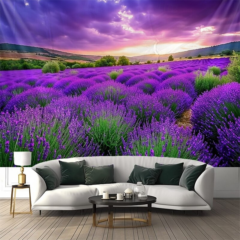Blacklight Tapestry Glow in the Dark Glow Party UV Reactive Lavender Trippy Misty Nature Landscape Hanging Tapestry Wall Art Mural for Living Room Bedroom