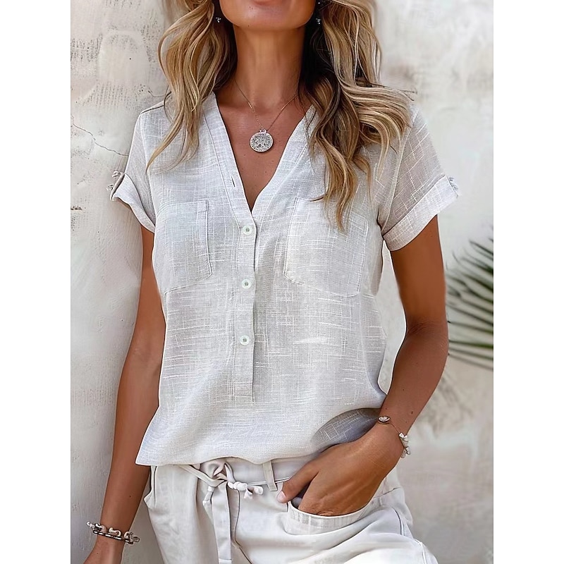 Women's Shirt Cotton Linen Shirts Button Up Blouse Solid Color Basic Casual Short Sleeve V Neck Regular Tops Daily Pocket Black Pink Blue Orange Light Grey Summer Spring