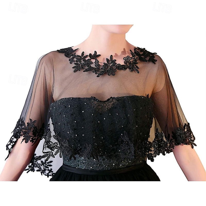 Lace Wedding Shawl Wrap for Women Evening Cape Bridal Shoulder Covers UP Scarf for Dress Prom Party (Black)