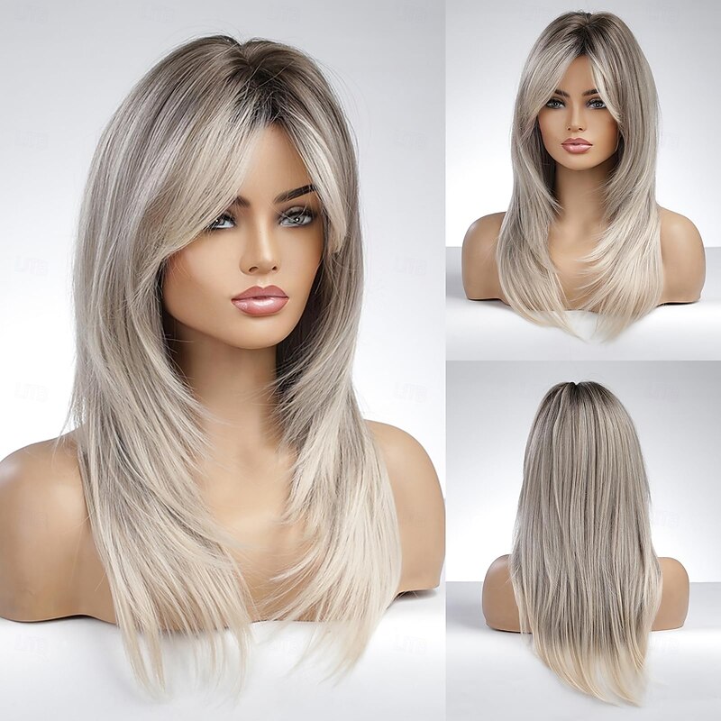 Brown Blonde Wig with Bangs - Long Wavy Ombre Curtain Bang Wigs for Women, Brown to Blonde Light Ash Dark Roots Synthetic Hair, Heat Resistant Natural Cute Wigs for Halloween/Christmas3