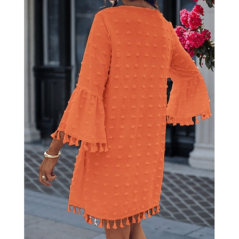Women's Mini Dress Fringe Dress Elegant Dress Elegant Bell Sleeve Regular Fit Solid Color 3/4 Length Sleeve V Neck White Pink Orange Green Fall3