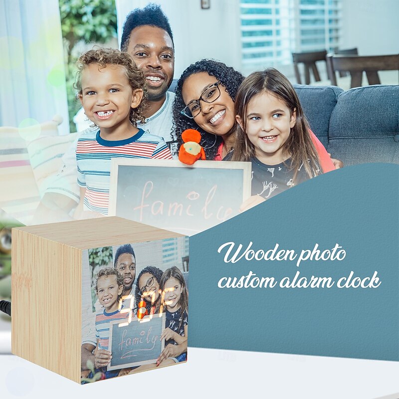 Personalized Photo Wooden Cube Clock Custom Best Gift for Mom - Customized Night Light, Stylish Home Decor for Birthdays and Anniversaries, Modern Minimalist Gift3