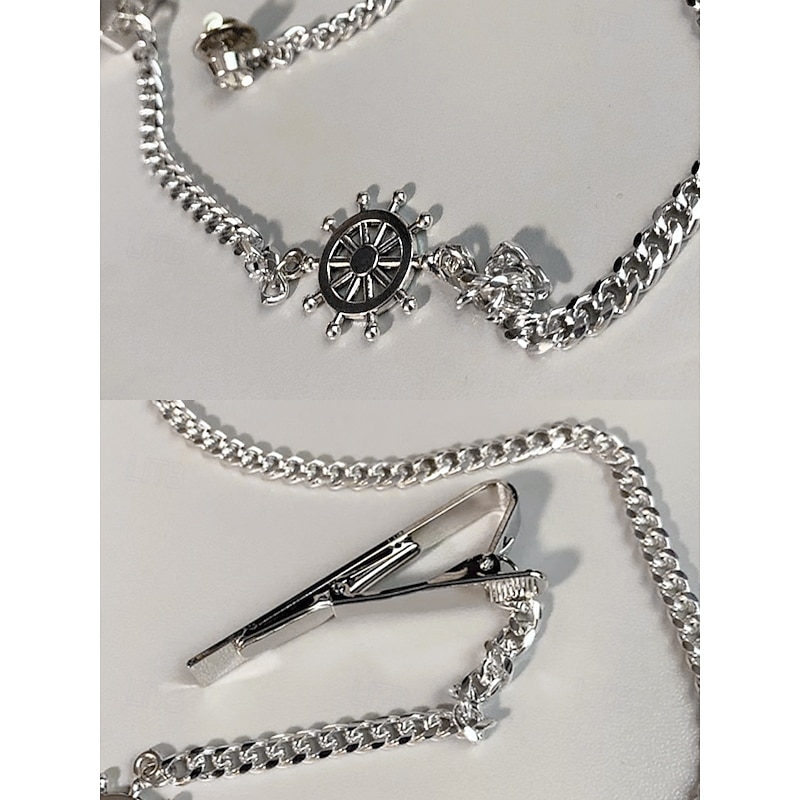 Men's Silver Tie Chain with Nautical Ship Wheel Design – Elegant and Stylish Tie Bar Accessory for Weddings, Business and Formal Events4
