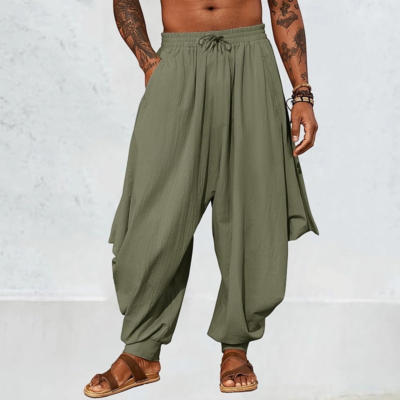Men's Linen Pants Trousers Summer Pants Baggy Pants Harem Pants Drawstring Elastic Waist Plain Comfort Breathable Full Length Outdoor Casual Holiday Fashion Classic Style Black Green2