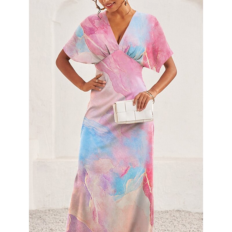 Women's Midi Dress Sheath Dress Elegant Flared Sleeve Vacation Casual Date Regular Fit Ombre Short Sleeve V Neck Pink Summer3