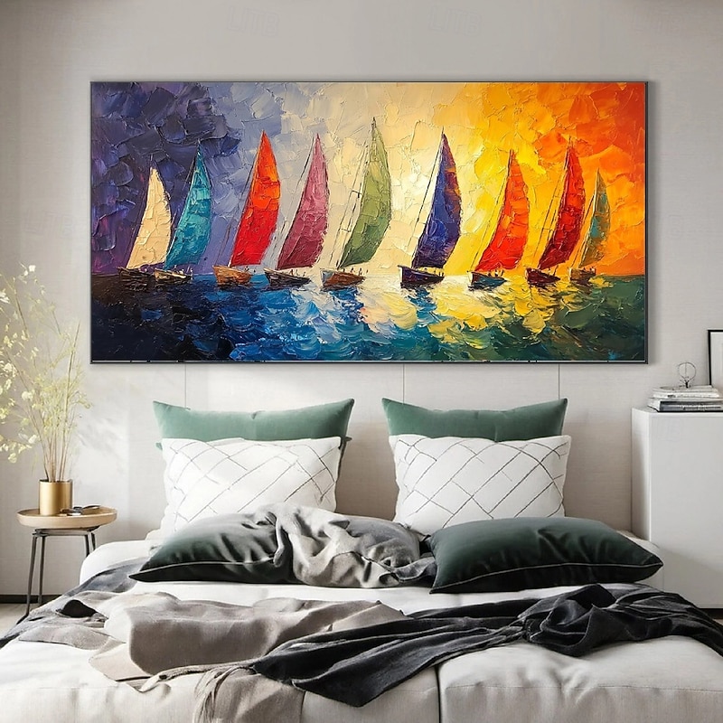 Light Blue Ocean Seascape Sailboat oil painting hand painted  Wall Art Abstract Beach Seascape Painting On Canvas Living room wall painting Huge Extra Large Wall Art painting Decor