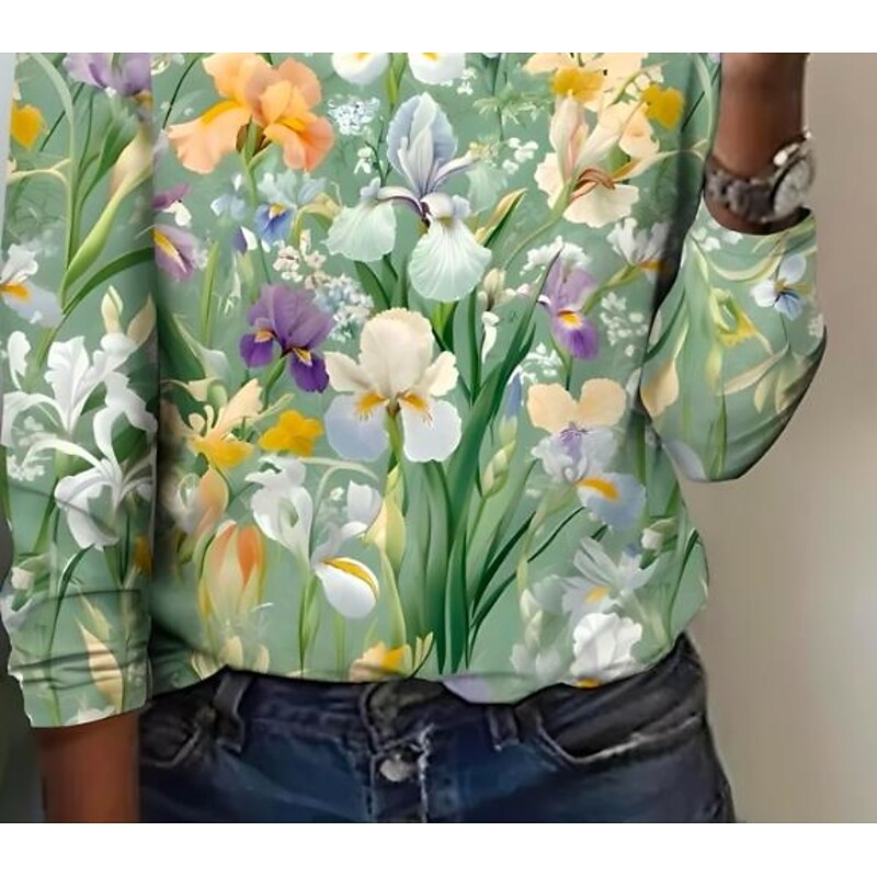 Women's T shirt Long Sleeve Crew Neck Long Sleeve Tunic Floral Elegant Vintage Regular Tops Daily Going out Weekend Print Grass Green White Light Green Prefall3