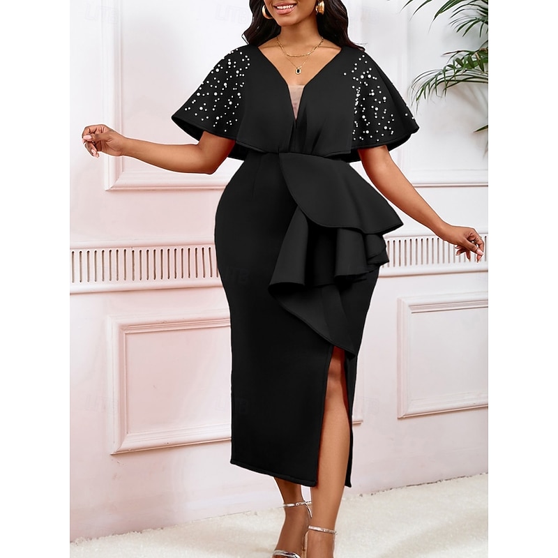 Kentucky Derby Women's Midi Dress Bodycon Dress Puff Sleeve Dress Elegant Formal Cocktail Formal Party Wedding Guest Regular Fit Graphic Short Sleeve V Neck Black White Yellow Red Summer3