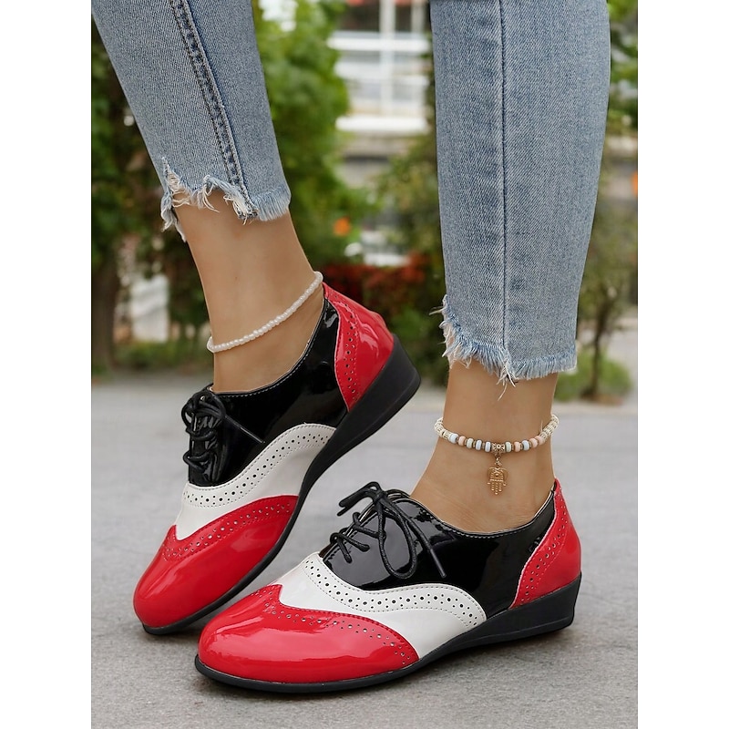 Black Patent Leather Lace-Up Oxford Shoes with Brogue Detailing and Low Wedge Heel for Work and Formal Events2