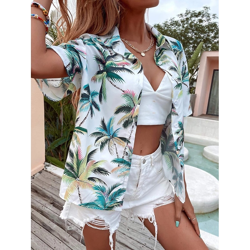 Women's Shirt Long Sleeve Button Down Blouse Leaf Stylish Beach Short Sleeve Shirt Collar Regular Tops Daily Buttons Print White Pink Green Spring Fall