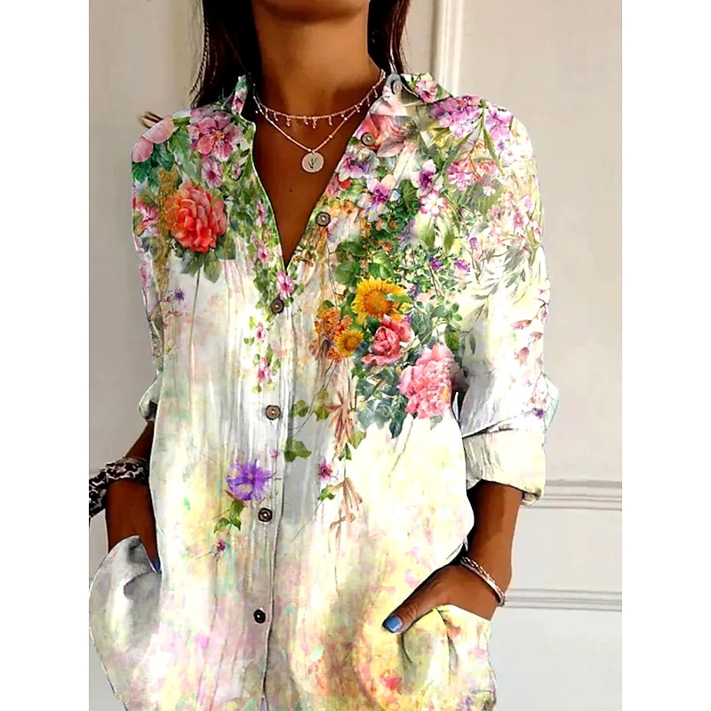 Women's Shirt Button Down Tunic Shirt Collar Long Sleeve Ombre Floral Graphic Daily Stylish Retro Vintage Regular Tops Daily Holiday Going out s Yellow Spring2