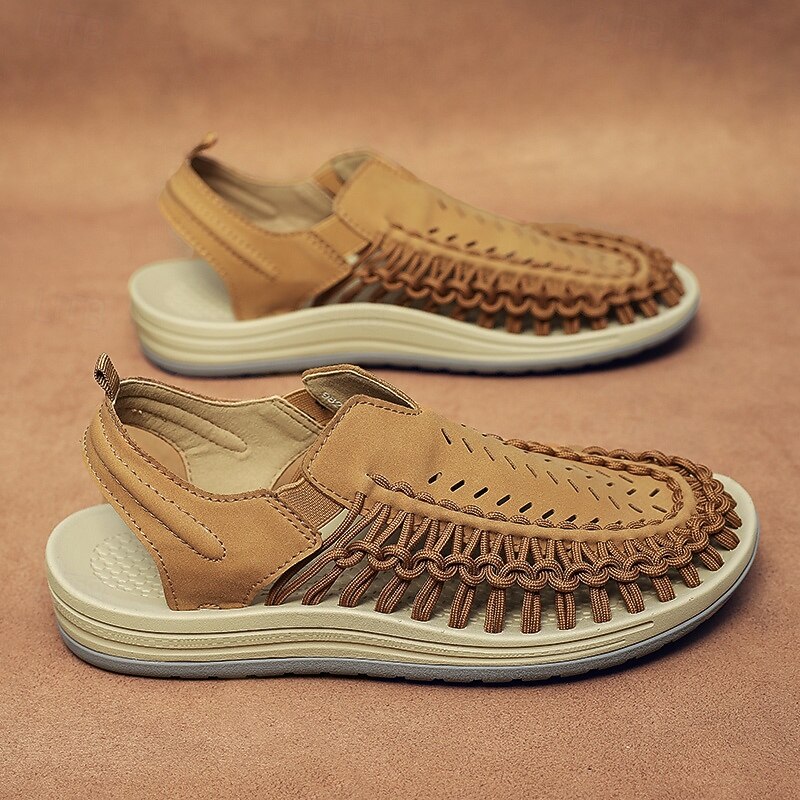Men's Tan Slip-On Outdoor Sandals with Braided Detailing, Casual Style for Summer and Beach Activities3