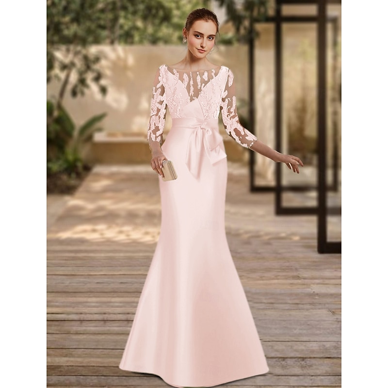 Mermaid Mother of the Bride Evening Gown Elegant Dress Formal Floor Length 3/4 Length Sleeve Illusion Neck Satin with Appliques4