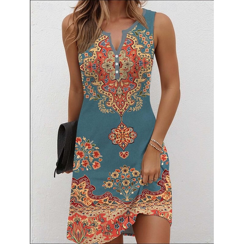 Women's Mini Dress Casual Dress Petite Dress Sundress Summer Dress Casual Vacation Daily Holiday Regular Fit Floral Graphic Bohemian Sleeveless V Neck Red Navy Blue Blue Purple Summer