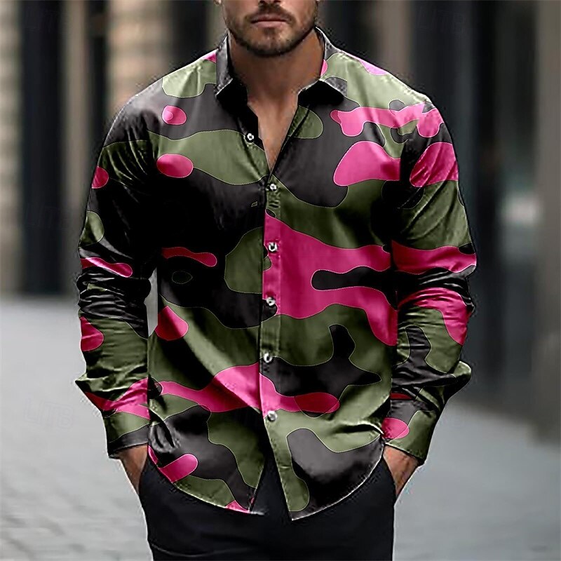 Men's Shirt Summer Shirt Casual Shirt Beach Shirt Button Up Shirt Black / Orange Pink Blue Orange Army Green Long Sleeve Camo Lapel Vacation Hawaiian Buttons Clothing Apparel Polyester Fashion Casual3