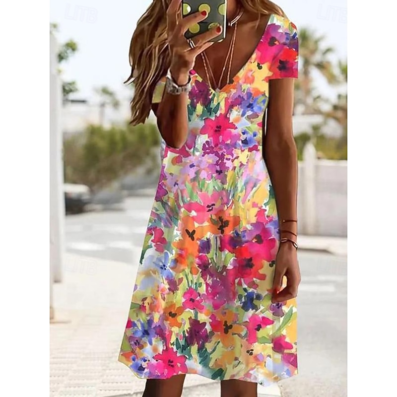 Women's Mini Dress Casual Dress Elegant Tropical Hawaiian Daily Regular Fit Floral Short Sleeve Crew Neck Magenta White Pink Light Red Summer - Main Image