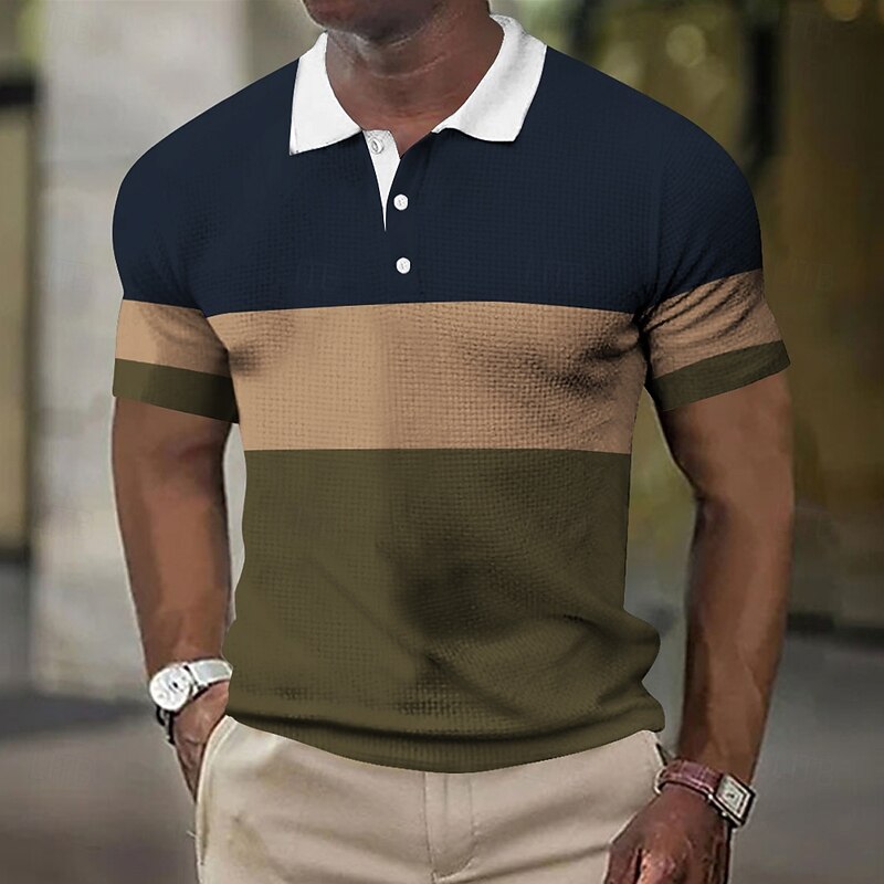 Men's Horizontal Stripes Rugby Polo Short Sleeve Polo Shirts Collared Shirts Business Casual School Formal Dailywear Business Buttons 3D Print Summer Dark Brown Dark Green Dark Blue