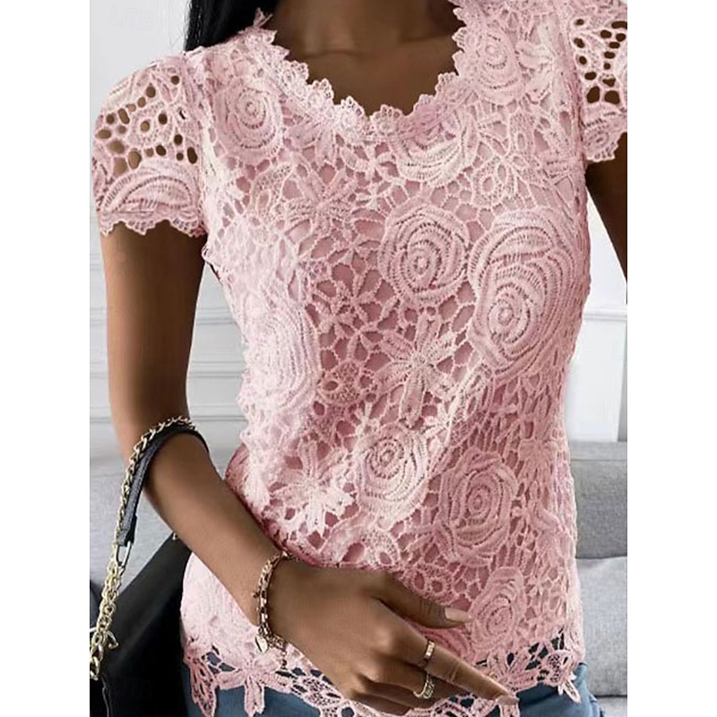 Women's Blouse Solid Color Elegant Daily Stylish Short Sleeve V Neck Regular Tops Daily Holiday Going out Lace White Pink Wine Blue Summer Spring4