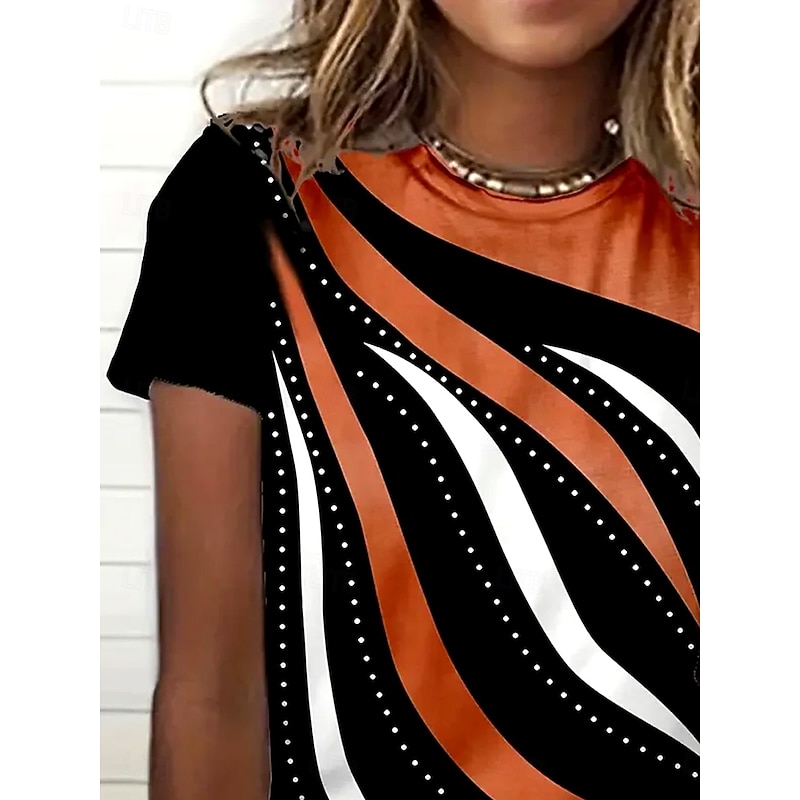 Women's T Shirt Graphic Geometric Striped Elegant Vintage Fashion Short Sleeve Round Neck Regular Tops Daily Going out Weekend Print Orange Summer2