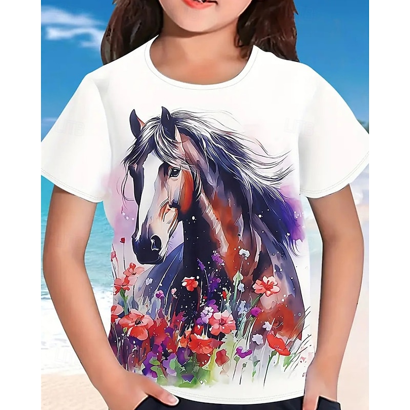 Girls' 3D Graphic Horse T shirt Tee Short Sleeve Summer Spring Fashion Basic Kids 4-12 Years Crew Neck Outdoor Casual Daily Regular Fit2