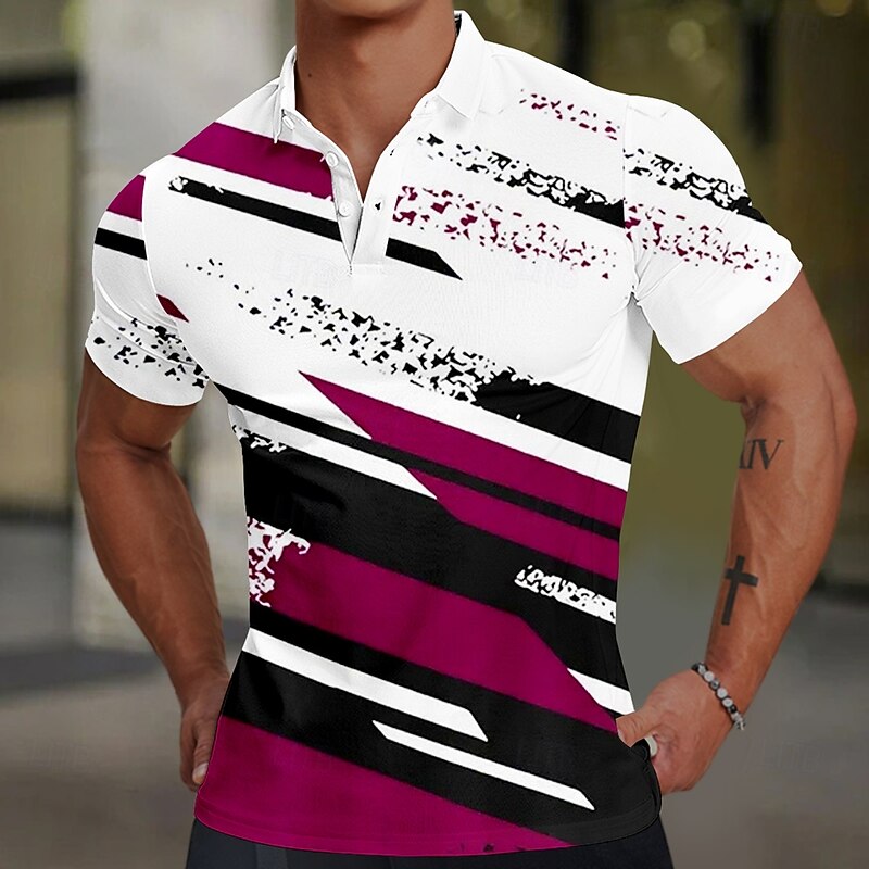 Men's Geometic Line Polo Short Sleeve Polo Shirts Collared Shirts Casual Business Casual School Outdoor Sports Daily Wear 3D Print Summer Black Red Blue
