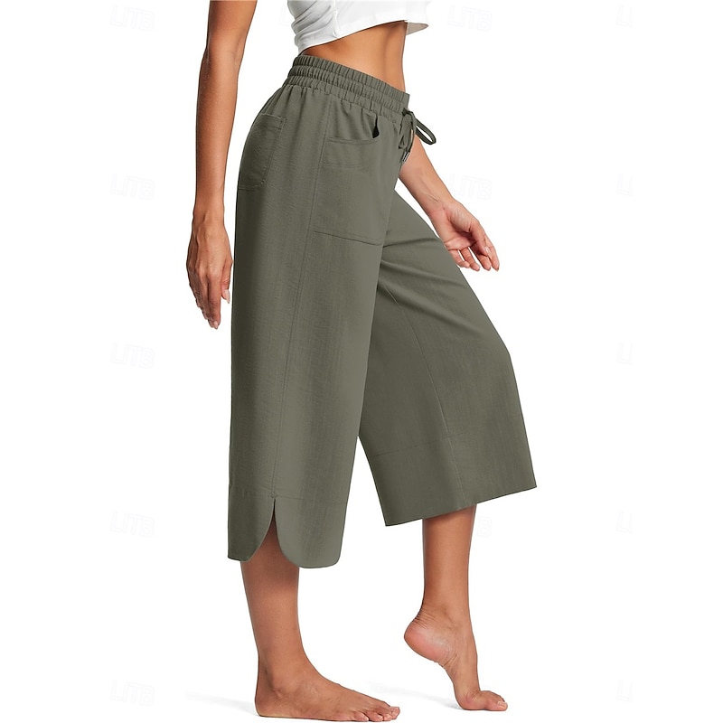Women's Wide Leg Chinos Fashion Streetwear Calf-Length High Waist Plain Pocket Elastic Waistband Comfy Soft Comfortable Micro-elastic Outdoor Street Navy-blue Army Green Black Blue Summer Spring2