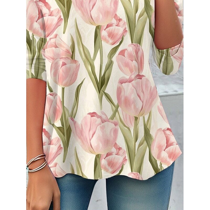 Women's T shirt Long Sleeve Crew Neck Long Sleeve Tunic Floral Casual Regular Tops Daily Print Pink Spring Fall Prefall3