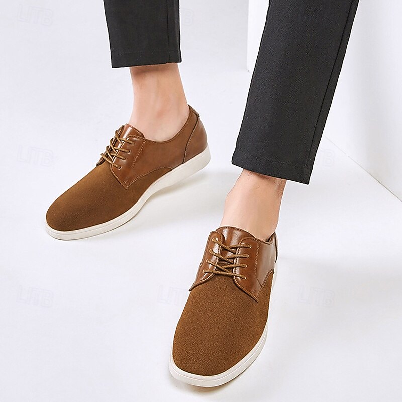 Men's Brown Lace-Up Casual Shoes with Suede and Patent Leather Upper, Comfortable Footwear for Daily Wea4