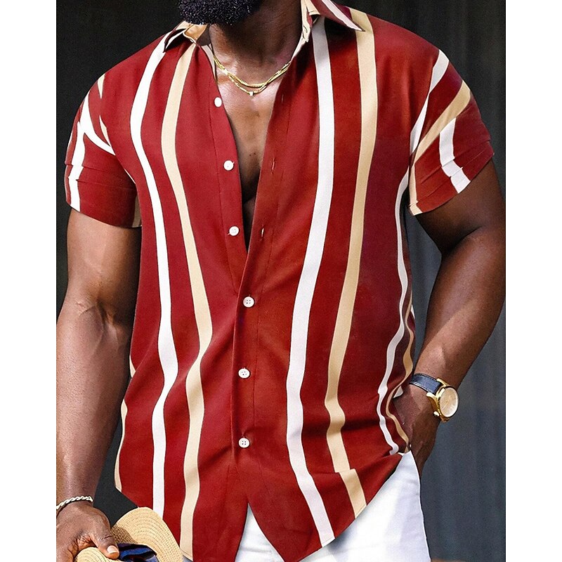Men's Shirt Summer Shirt Casual Shirt Beach Shirt Button Up Shirt Black Red Navy Blue Royal Blue Blue Short Sleeve Striped Lapel Vacation Hawaiian Buttons Clothing Apparel Polyester Fashion Casual2