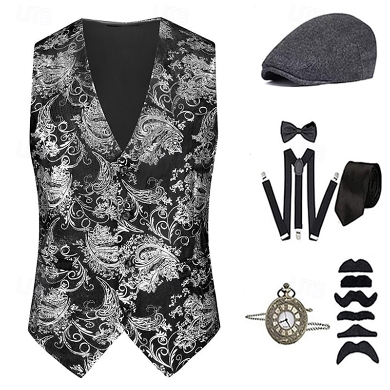 1920s Vintage Inspired The Great Gatsby Party Costume Accesories Set Sleeveless Printing Collarless Fancy Dress Men's Halloween Party & Evening Casual Daily Adults' Vest Hat All Seasons2